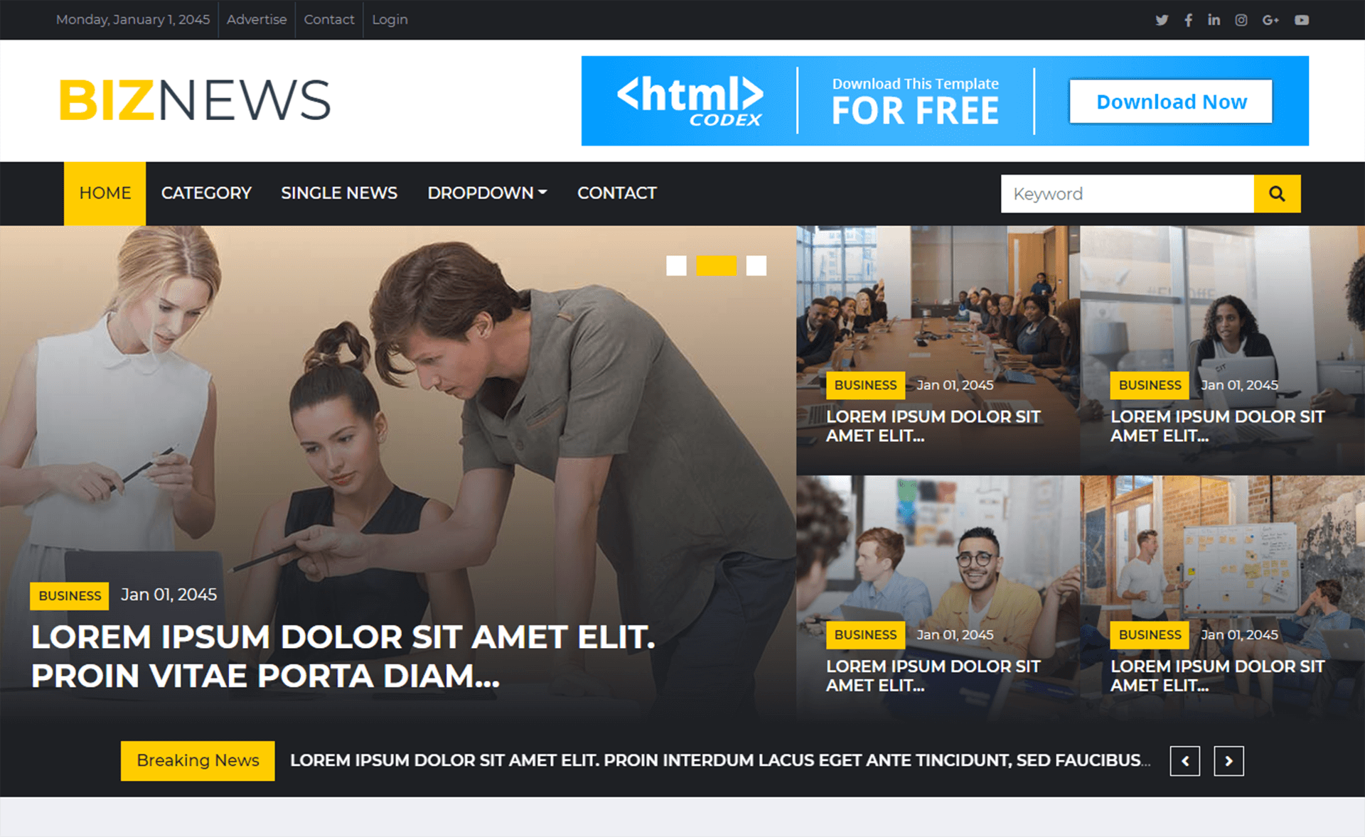 Biznews - Free Bootstrap 4 HTML5 News Portal Website Template