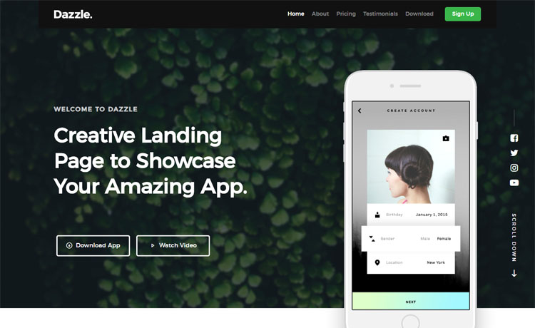 Dazzle - Free responsive HTML5 app landing page template to showcase software and mobile applications