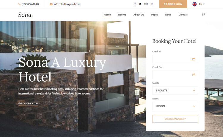 Sona - Free Bootstrap 4 HTML5 Responsive Hotel Website Template
